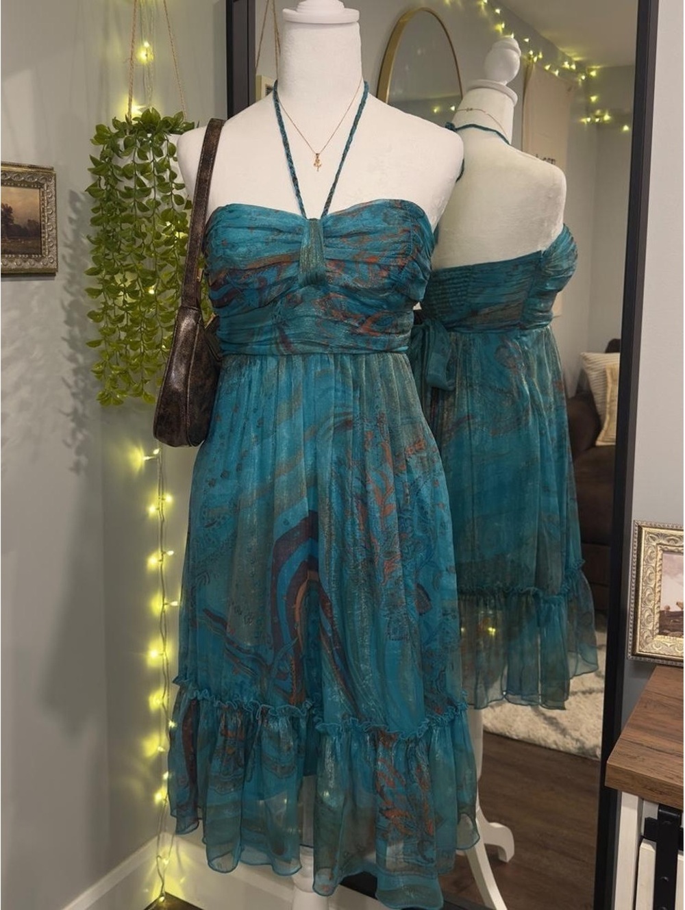 Turquoise Boho Halter Chiffon Midi Dress 👗
